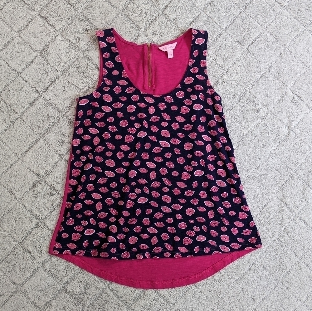 Lilly Pulitzer Hart Bocce Printed Tank Top Women's Small Pink Navy Lips Cotton.
